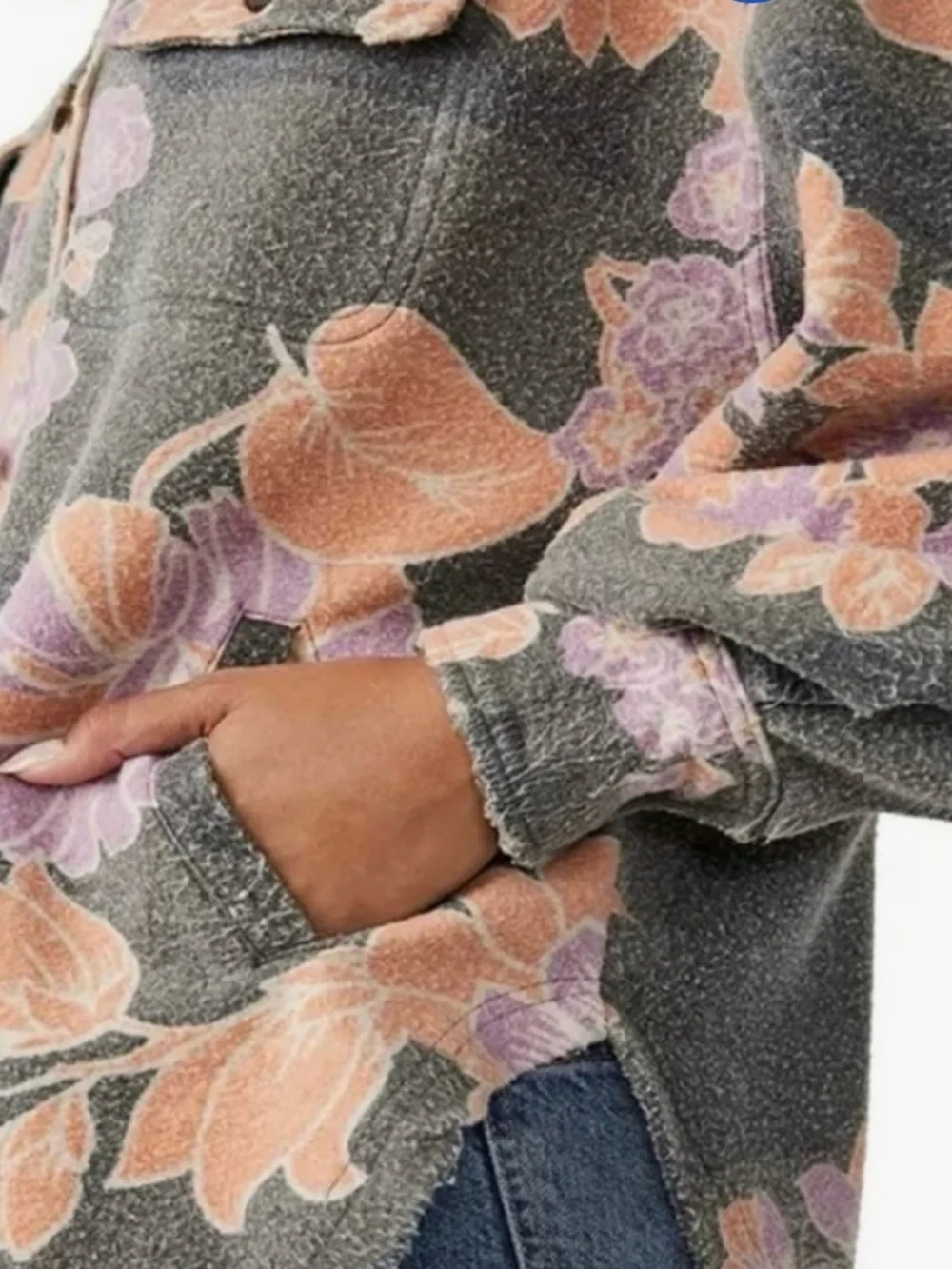 Free People “Ruby” Fleece Floral Oversized Shirt in Charcoal Gray - Picture 5 of 8